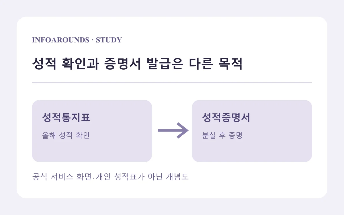 성적통지표 확인과 분실 후 성적증명서 발급 목적을 나눈 자체 개념도