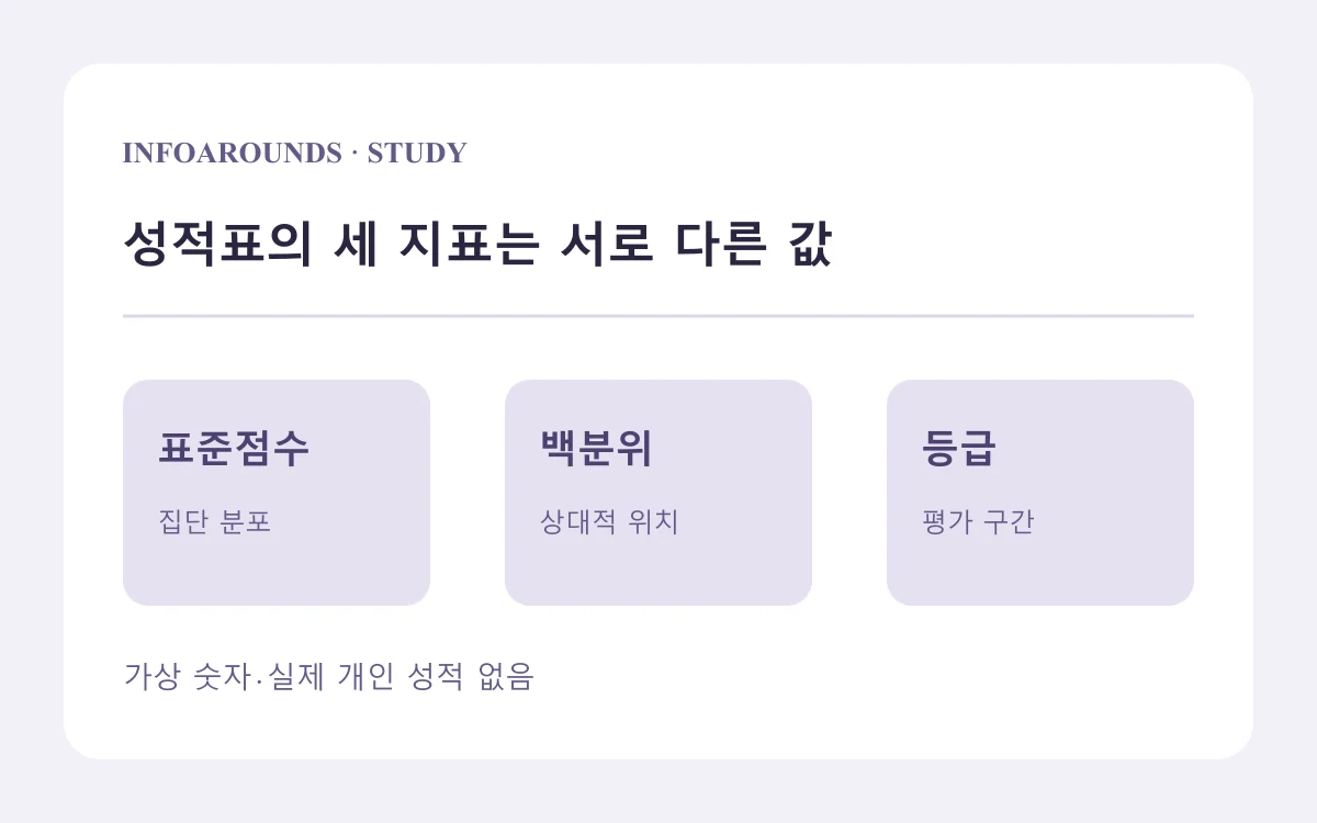 표준점수·백분위·등급의 서로 다른 의미를 보여주는 자체 개념도