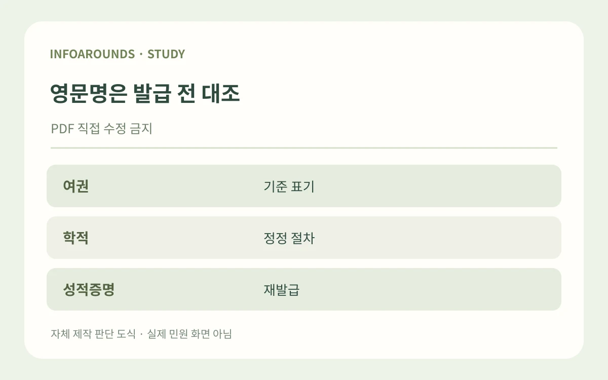 영문명은 발급 전 대조. PDF 직접 수정 금지. 여권 — 기준 표기; 학적 — 정정 절차; 성적증명 — 재발급. 자체 제작 설명 그림