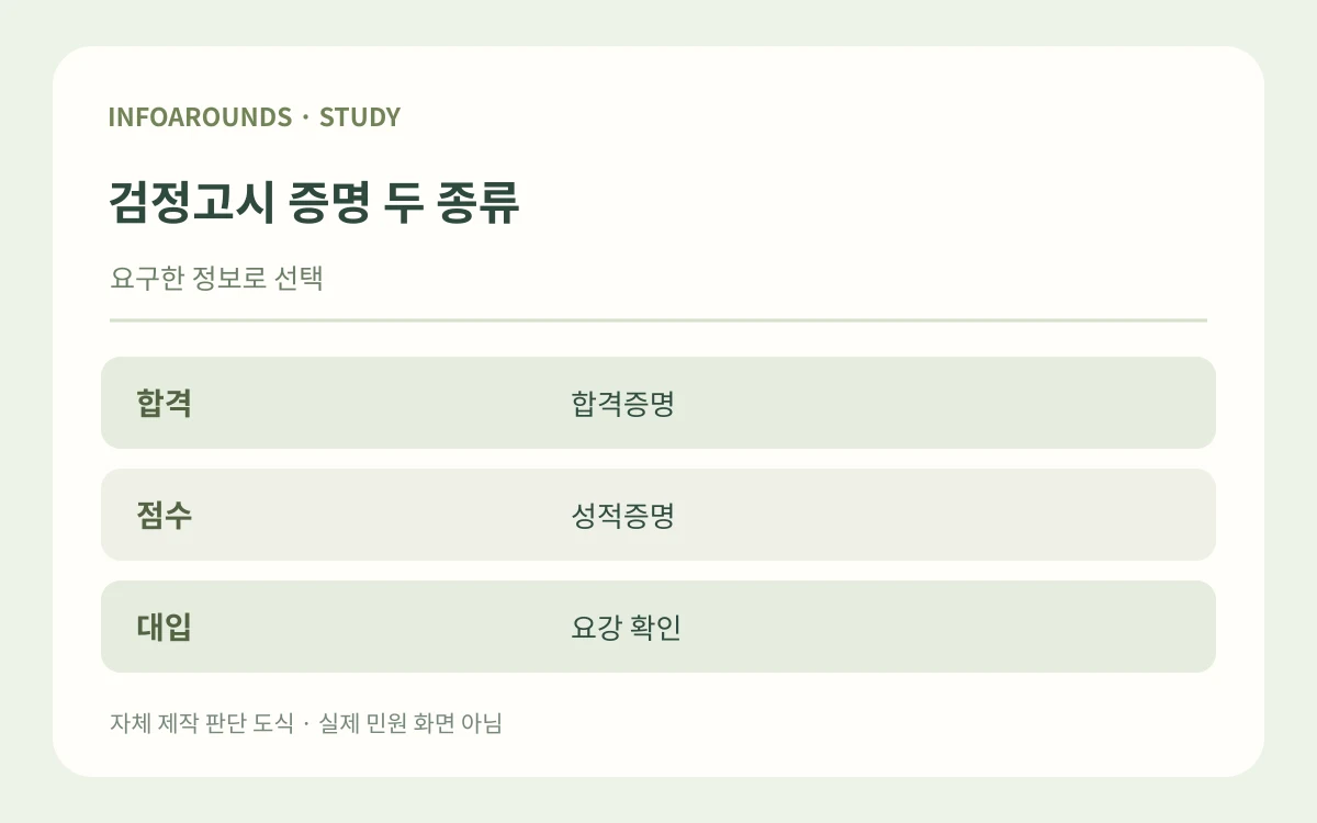 검정고시 증명 두 종류. 요구한 정보로 선택. 합격 — 합격증명; 점수 — 성적증명; 대입 — 요강 확인. 자체 제작 설명 그림