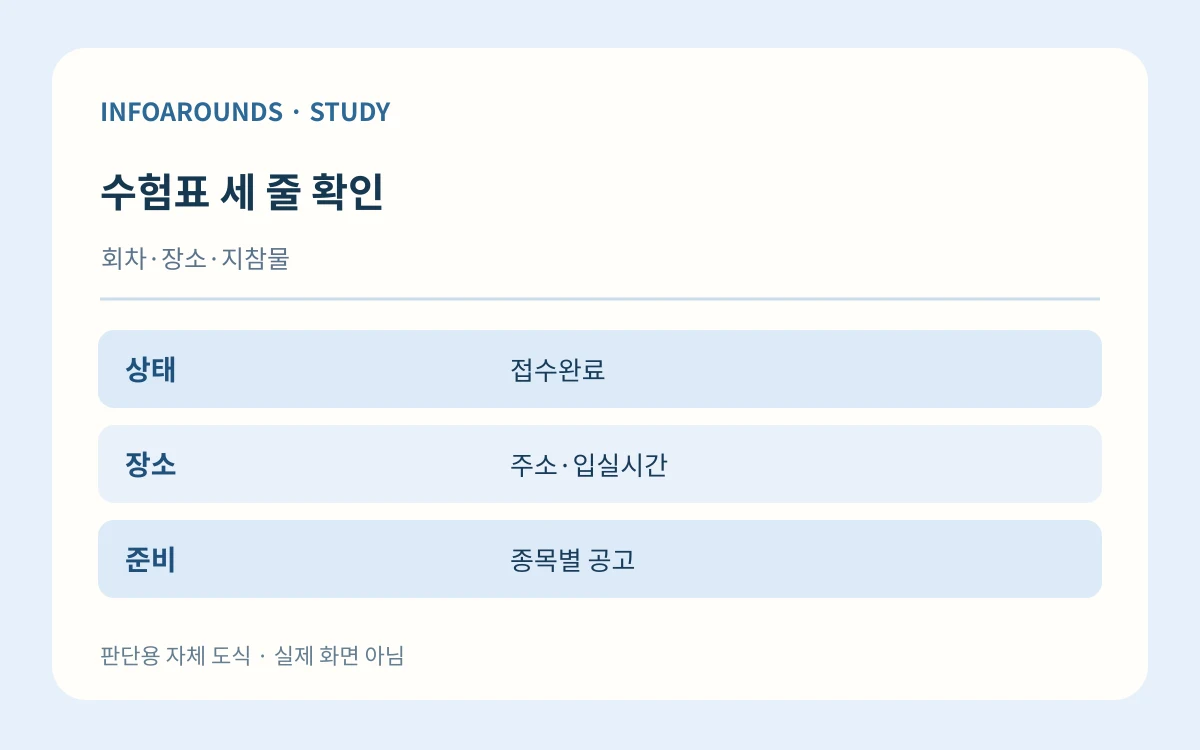 수험표 세 줄 확인. 회차·장소·지참물. 상태 — 접수완료; 장소 — 주소·입실시간; 준비 — 종목별 공고. 자체 제작 설명 그림