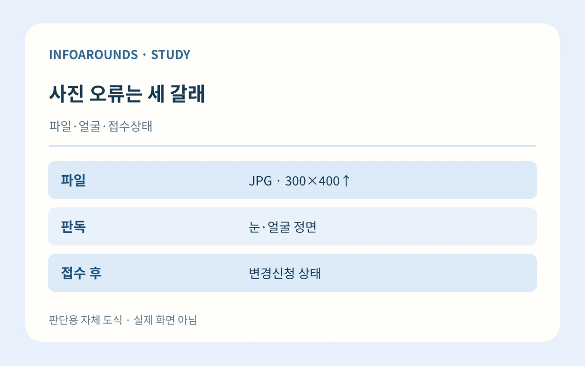 사진 오류는 세 갈래. 파일·얼굴·접수상태. 파일 — JPG · 300×400↑; 판독 — 눈·얼굴 정면; 접수 후 — 변경신청 상태. 자체 제작 설명 그림