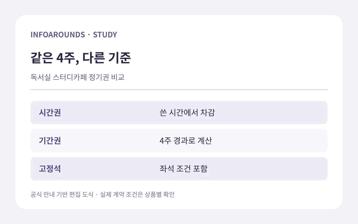 같은 4주, 다른 기준. 시간권 — 쓴 시간에서 차감; 기간권 — 4주 경과로 계산; 고정석 — 좌석 조건 포함. 자체 제작 정보 도식